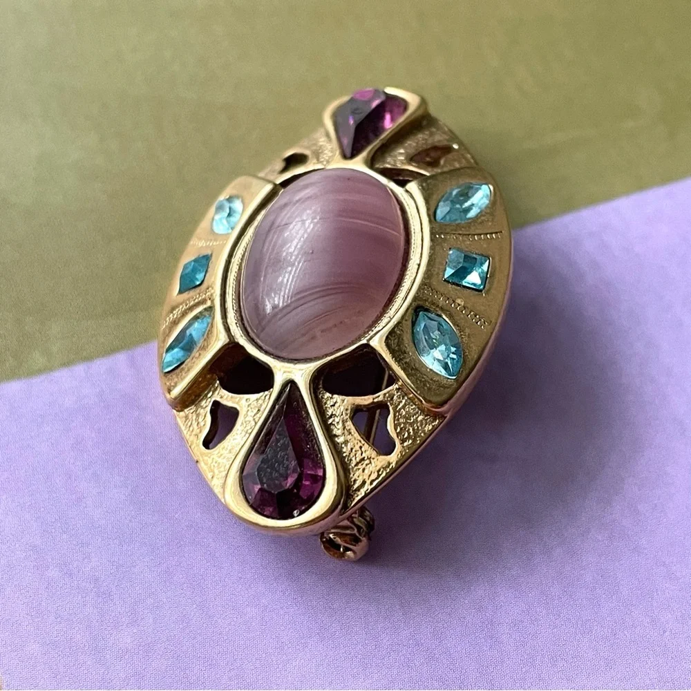 Vintage Gold-tone Brooch with Pink Center and Blue & Purple Accents